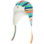 organic cotton flapper hat for babies and children in bright rainbow stripes and lined with super snuggly white Sherpa fleece from piccalilly