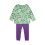 organic cotton two piece playset, green long sleeve top with the spring meadow  print and purple trousers from piccalilly
