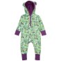 green organic cotton hooded playsuit with the spring meadow print and purple lining from piccalilly
