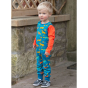 child wearing blue organic cotton dungaree with the colourful wild horses print from piccalilly
