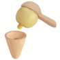 Close up of wooden scoop holding vanilla ice cream and cone. White background.