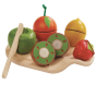 The PlanToys Assorted Fruit Set, including 5 wooden play food fruits, a wooden chopping board and wooden knife. White background.