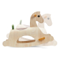 Graphic showing how the PlanToys kids Palomino rocking horse moves on a white background