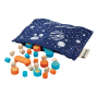 Blue space themed bag from the PlanToys Guess my Planet game, tipped over on a white background with the game pieces scattered around