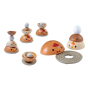 PlanToys plastic-free nesting chicken stacking bowls laid out on a white background, stacked in different shaped towers