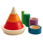 PlanToys children's wooden rainbow sorting cones laid out on a white background