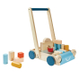 Plan toys solid wooden baby walker filled with wooden toy blocks on a white background