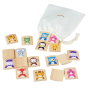 PlanToys kids wooden animal block memory game laid out on a white background next to its drawstring carry bag