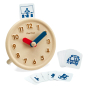PlanToys children's plastic-free wooden activity clock set on a white background