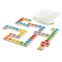 PlanToys kids wooden mood dominos game set laid out on a white background next to its drawstring bag