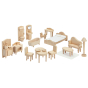 PlanToys kids wooden Victorian dollhouse furniture play set laid out on a white background