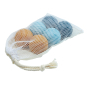 PlanToys eco-friendly wooden bowls game set in their mesh bag on a white background