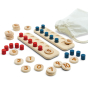 Pieces of the PlanToys children's 10 frame wooden number bonds game laid out on a white background