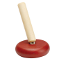 Close up of the flexible post from the PlanToys kids wooden stacking rings toy on a white background