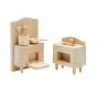 Close up of the PlanToys Victorian dollhouse kitchen furniture toy set on a white background 