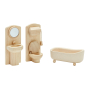 Close up of the PlanToys Victorian dollhouse bathroom furniture toy set on a white background 