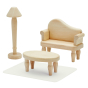 Close up of the PlanToys Victorian dollhouse living room furniture toy set on a white background 