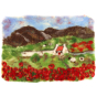 A completed Poppy Landscape Needle Felt Kit - a beautiful 2D needle felted landscape picture with green, grassy fields, bright red poppies and a pretty hillside cottage