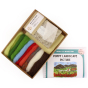The contents of the The Makerss - Poppy Landscape Needle Felt Crafting Kit. Included in the set are Eco Wool Mats, Felting Needles and various colours woolen felt, with a needle felt instruction book and measuring guide.