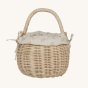 Olli Ella Rattan Berry Basket with Lining – Pansy Floral. A beautifully woven rattan basket with cream cotton lining with a vintage pansy floral pattern, on a cream background