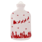 Eco Living natural rubber hot water bottle, reverse of the bottle  with white background and red santa, sleigh, reindeer, snow flakes and down scene below