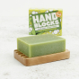 Hand Blocks Hand Soap Bar - Lime & Sandalwood with soap on a wooden soap dish and soap box in the background