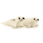The Makerss Needle Felt Seal Pups. Two beautifully crafted seal pups in white with black details on their backs and flippers, with a black nose whiskers and eyes laid next to each other