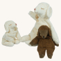 Senger Cuddly Animal Organic Soft Toy - Small White Sheep, sat next to a Large Floppy Sheep and a Small Brown Cuddly Sheep, on a cream background