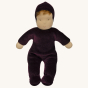 Senger Large Moss Violet Doll. A velvety purple natural cloth doll, with a neutral smiling face, light brown hair poking out from the hood, and a soft body, on a cream background.