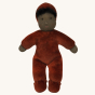 Senger Small Poppy Flower Doll. A velvety red/dark orange natural cloth doll, with a neutral smiling face, dark brown hair poking out from the hood, and a soft body, on a cream background.