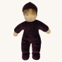 Senger small Moss Violet Doll. A velvety purple natural cloth doll, with a neutral smiling face, light brown hair poking out from the hood, and a soft body, on a cream background