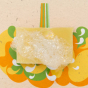 A Shower Blocks essential oil collection sweet orange and bergamot fragranced plastic free Gel Bar covered in lathery bubbles pictured on a orange, yellow and green coloured background 