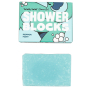 Shower Blocks Gel Bar with a Pepper Mint fragrance pictured next to it's box  on a plain background