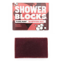 Shower Blocks Black Cherry fragranced plastic free Gel Bar pictured next to the box on a plain background 