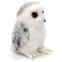 A closer view of the details on The Makerss Needle Felt Snowy Owl. A beautifully crafted white snowy owl with grey plumage, a black beak and large yellow eyes, stood on a white background