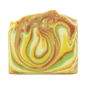 A Soap Mine Pineapple fragranced soap bar with a cream, yellow, green and brown coloured swirl design pictured on a plain background 