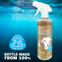 Picture of the Ecoegg Stain Remover spray bottle with a recycle logo, and text saying "Bottle made from 100% Prevented Ocean Plastic". The background is an image of under the ocean.