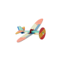 The Studio ROOF Propeller Plane, a cardboard model plane with geometric patterns and bright colours, put together, on white background.