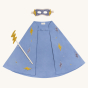 Avery Row Superhero Dress up set, with a light blue cape that fastens around the upper chest, and an adjustable blue face mask, with a lightening wand. The cape hasas lightening bolts in yellow and blue, in different sizes, and the mask has lightening bol