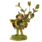 The Makerss Needle Felt Box Fairy. A beautifully crafted needle felt fairy in green,  holding a green stem of leaves and stood on a green base