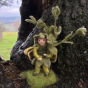 The Makerss Needle Felt Box Fairy. A beautifully crafted needle felt fairy in green,  holding a green stem of leaves and stood on a green base, stood in front of a tree trunk