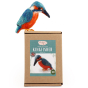 The Makerss Needle Felt Kingfisher. A beautifully crafted Kingfisher with an orange belly, black beak and blue and white plumage, stood on top of its box