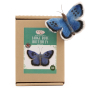 The Makerss Needle Felt Large Blue Butterfly. A beautifully crafted butterfly in blue, white, black and brown, sat on its box