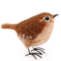 A closer view of the details on The Makerss Needle Felt Wren. A beautifully crafted dark and light drown wren bird with black eyes and feet, stood on a white background
