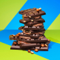 Tony's Chocolonely Dark Creamy Hazelnut Crunch Bars broken up and stacked up pictured on a blue and green coloured background