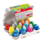 Box of 12 Tony's chocolonely eco-friendly fairtrade mini chocolate easter eggs open on a white background