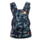 Tula Explore carrier in ever blue design, a navy blue base with light blue simple repeat fern pattern. On a white background. 