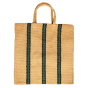 Turtle Bags Blue and Black Stripey Bag. A natural jute bag with short handles and 3 vertical blue and black stripes. laid flat on white background