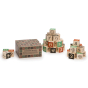 Uncle Goose eco-friendly wooden Cherokee toy blocks in 3 piles on a white background next to their cardboard box