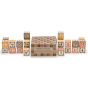 Uncle Goose eco-friendly wooden German toy blocks stacked in lines on a white background next to their cardboard box